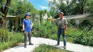 Father and Son Help an Elderly Woman With a Severely Overgrown Lawn