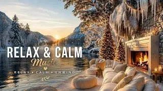 Cozy Winter Cabin Fireplace | Snowfall Sounds | Lake View Relaxation