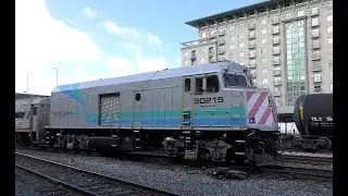 AMTRAK F59PHI leading and a NCPU F40PH 'Cabbage' control unit departs Emeryville CA
