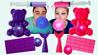 Pink vs Purple Food Challenge 💜💗 Giant Syringe Drinks & Chocolate Battle!