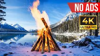 Winter Campfire by Lake ❄️🔥6 Hours Snowy Forest & Birds Sounds | Relaxing Fireplace Ambience