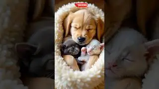 Cutest Nap Ever 💤🐶🐱  Puppy Cuddles Two Tiny Kittens! #shorts #cute