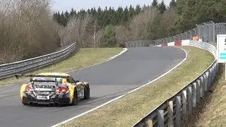 N&uuml;rburgring Nordschleife Horde of GT3 fly by Schwedenkreuz, historic VLN scenes from 2015