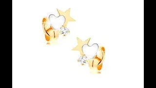 Schmuck - Zweifarbige 585 Goldohrstecker - Stern und Herz, runder klarer Zirkon