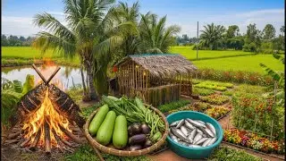 Catching Fish, Grilling Fish in the Countryside | Harvesting Fresh Vegetables at Garden with Family