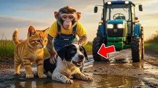 Monkey BonBon Drives a Mini Tractor transport Dragon Fruit 🚜 Monkey & Mama Cat save Dog Stuck in Mud