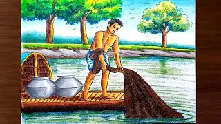 Fisherman scenery drawing step by step/How to draw scenery of fisherman colour