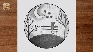 Easy Circle Scenery Drawing for Beginners | Lonely cat on a chair from behind Drawing | Pencil Art
