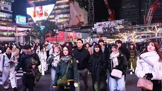 Shibuya Winter night view and walking tour. Tokyo , Japan 