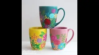 Hand Painted Floral Ceramic Mugs with Plaid Dishwasher Safe Mod Podge