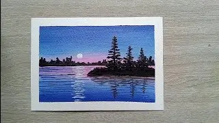 Easy Moonlight Lake Painting for Beginners/Acrylic Painting/Step by Step Tutorial