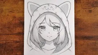 Cute Anime Girl Sketch with Cat Hoodie (Easy Steps)