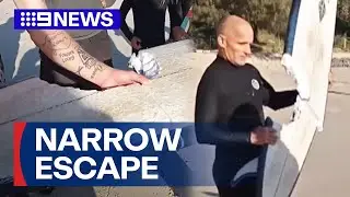 Surfer narrowly escapes shark attack, with surfboard bitten in two | 9 News Australia