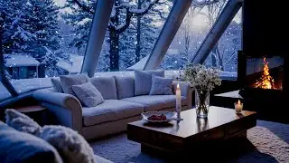Winter Piano in a White Room at Night | Snowy , Fireplace Ambience for Deep Sleep & Stress Relief
