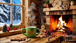 Winter Night Cabin Ambience ❄️🔥 | Coffee, Fireplace & Soft Jazz Sounds