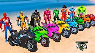 SPIDERMAN MOTORCYCLES RACING CHALLENGE on MOUNTAIN MEGA RAMP, SUPERHEROES SPORTS CARS RACE - GTA 5