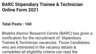 BARC JOB'S RECRUITMENT 2020-2021 FOR 160 POST'S