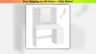 VASAGLE Adjustable LED Light Makeup Vanity Table with Mirror, features 6 drawers, 7 open