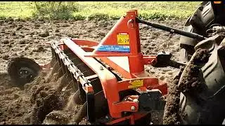 Fieldking company - Poly disc harrow working in field.
