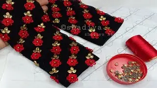 Silk thread ring knot flower stone work for sleeves|black georgette hand embroidery sleeve design