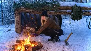 Alone in the Winter Forest | Woman Builds a Hidden Bushcraft Shelter