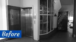 Before & after: R.I.P. 1986 KONE M hydraulic scenic elevator @ Hansa shopping center, Turku FIN