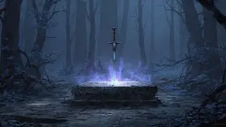 Dark Fantasy Night Forest with Sword and Rain