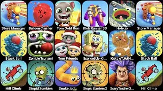 Store Manager, Balloon Crusher, Tom Gold Run, Blob Runner 3D, Hole.io, Stack Ball, Zombie Tsunami