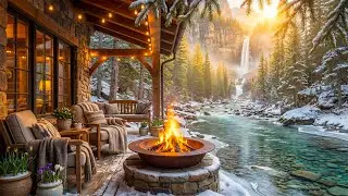 Tranquil Winter Riverside Cabin Porch 🔥 Cozy Fire Pit, Gentle River & Mountain Waterfall Ambience