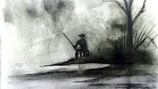 🎨 Misty River Fishing Scene | Easy Charcoal Landscape Drawing Tutorial