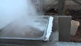 Rocket burner maple syrup boiler in action