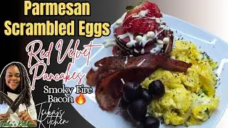 Easy Gourmet Breakfast Red Velvet Pancakes, Creamy Parmesan Eggs & Crispy Smoky Bacon!