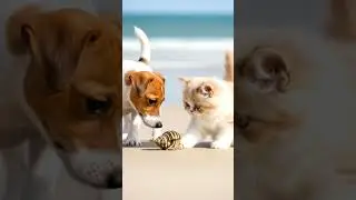 Puppy and kitten meets tiny hermit crab #cuteanimals #viralpets #trendingnow #ytshorts #beachvibes