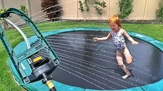 NEW TRAMPOLINE GAME!! Backyard Water Park Routine with Dad!