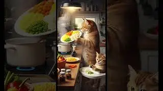 Mom Cat and Kitten Cooking Dinner Together! #cats #cutecats #funnycats  #cookingcats #shorts