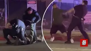 California police officer brawling in street with suspect