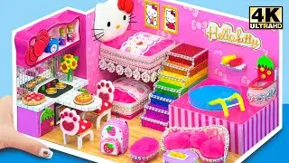 Make Pink Hello Kitty House with 2 Glittering Bed and Mini Pool from Cardboard | DIY Miniature House