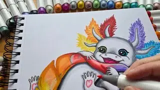 Drawing and coloring cute rainbow axolotl