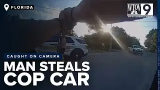 Dramatic police dash and body cam video shows a wild chase after man steals patrol car
