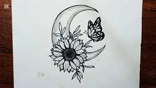 How to draw Moon with sunflower and butterfly drawing tutorial||easy step by step drawing tutorial