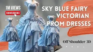 Sky Blue Fairy Victorian Prom Dresses | Off Shoulder 3D Floral Ruffles Evening Gown