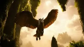 Mystical Flight: A Hybrid Creature Soars Through Mist and Sunlight 🐉✨🏔️