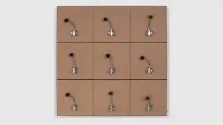 Zimoun : Sound Sculpture : 9 prepared dc-motors, felt balls, cardboard boxes 23x23x6cm, 2014