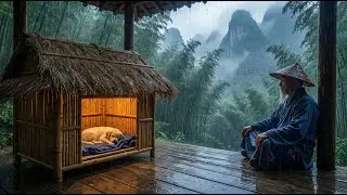 The Silent Hermit: Building a Bamboo House for a Puppy in the Rain (ASMR)