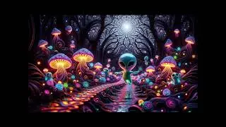 Mushroom Forest with a Happy Alien in  a Stream Wallpaper / Background  with Water Sound