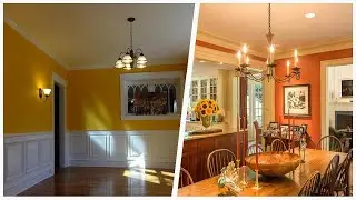 75 Medium Tone Wood Floor Dining Room With Orange Walls Design Ideas You'll Love 🔴