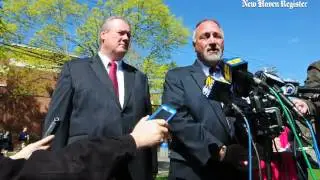 Chris Plaskon's attorneys Edward Gavin (left) and Richard Meehan, Jr., speak with the media outside