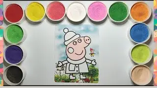 Sand Painting Peppa Pig Wearing a Winter Coat and Colorful Scarf -