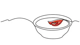 A plate of fish soup with one picture. Continuous drawing .animation