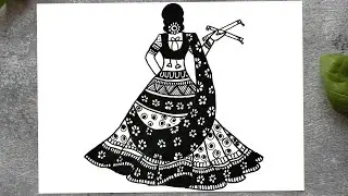 Garba Girl Drawing | Easy Navratri Drawing Step by Step | Dandiya Dance Silhouette Art | Mandala Art